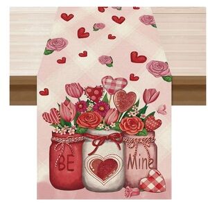 Valentine Floral Jar Table Runner - Pink & Red Heart Design NWT 13x90 inch.